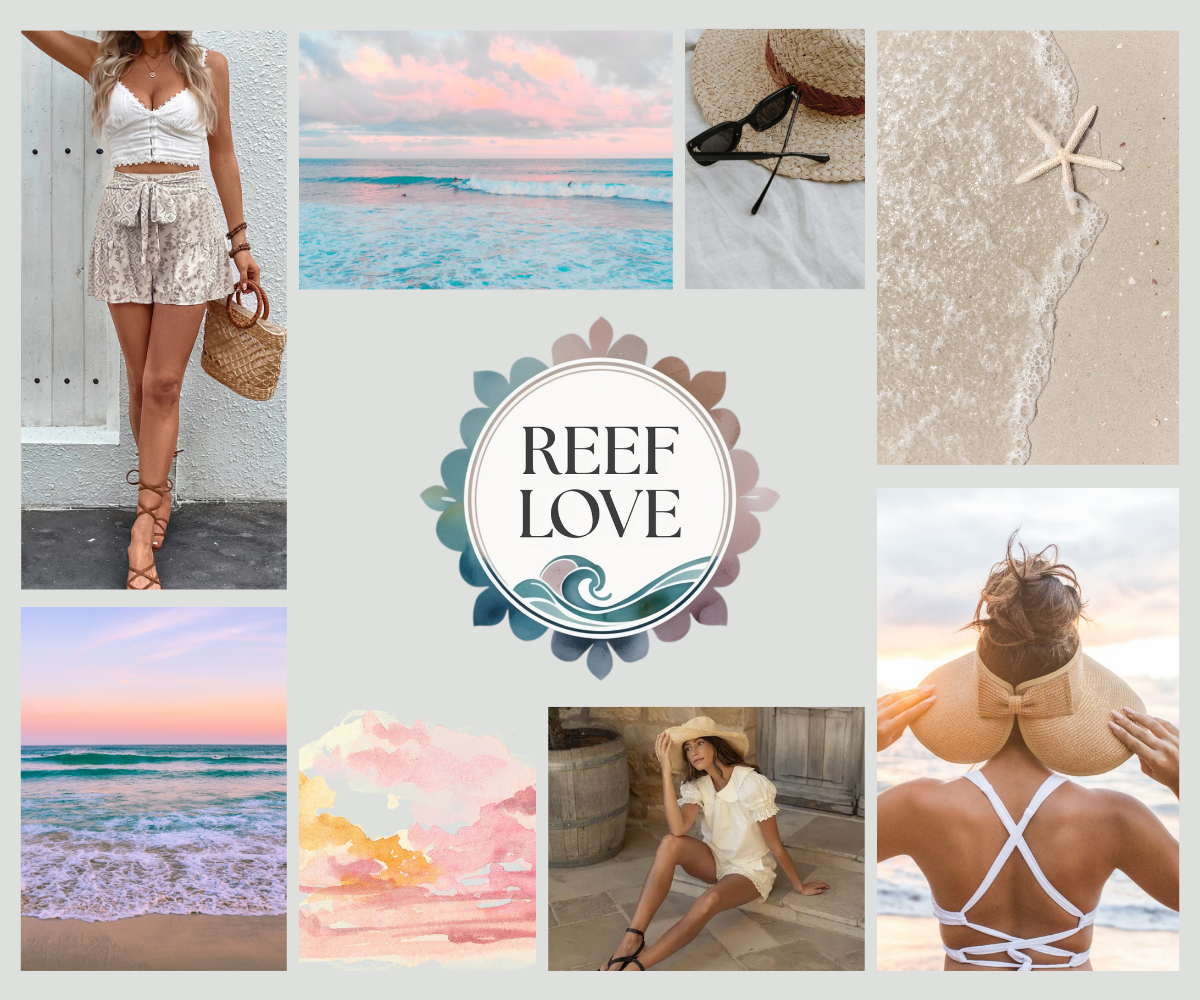 Collage of beach-themed images with 'Reef Love' logo in the center.