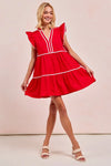 Gameday Ruffle Tier Mini Dress-Get gameday ready in this red tiered dress with contrast binding and ruffled details. A sporty-chic cotton favorite with playful details ready for football. -Reef Love Boutique