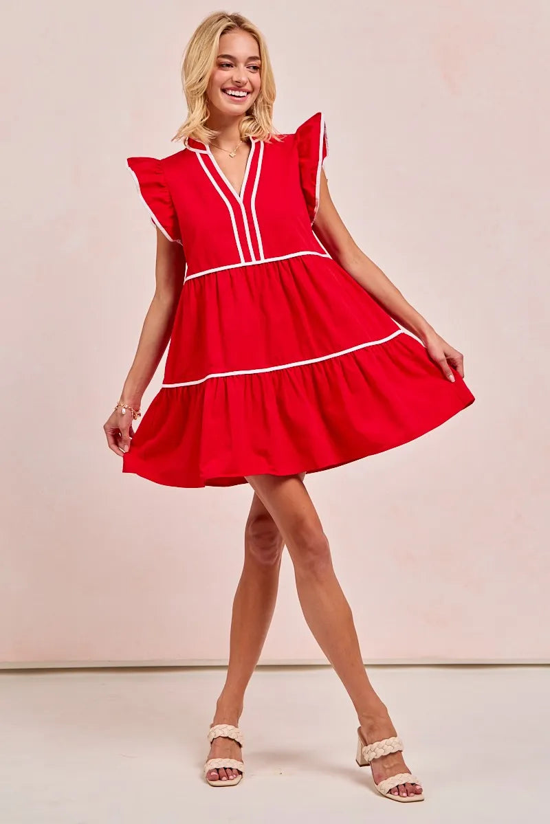 Gameday Ruffle Tier Mini Dress-Get gameday ready in this red tiered dress with contrast binding and ruffled details. A sporty-chic cotton favorite with playful details ready for football. -Reef Love Boutique