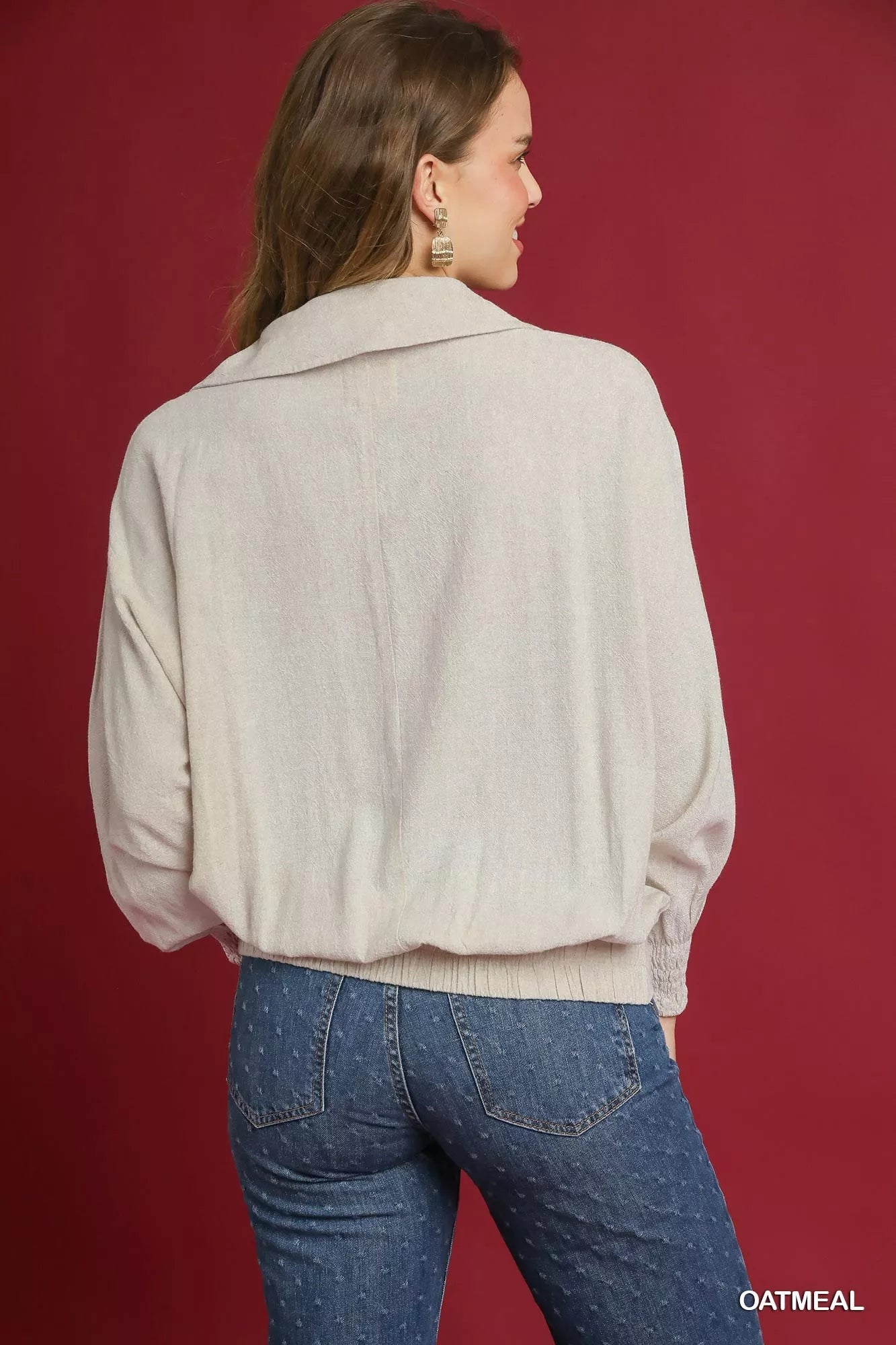 Linen Long Sleeves Elastic Hem Blouse