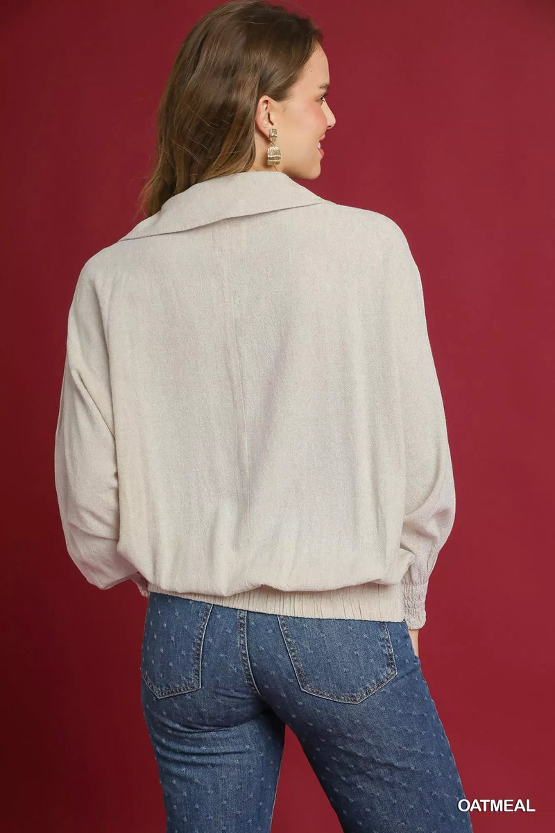 Linen Long Sleeves Elastic Hem Blouse