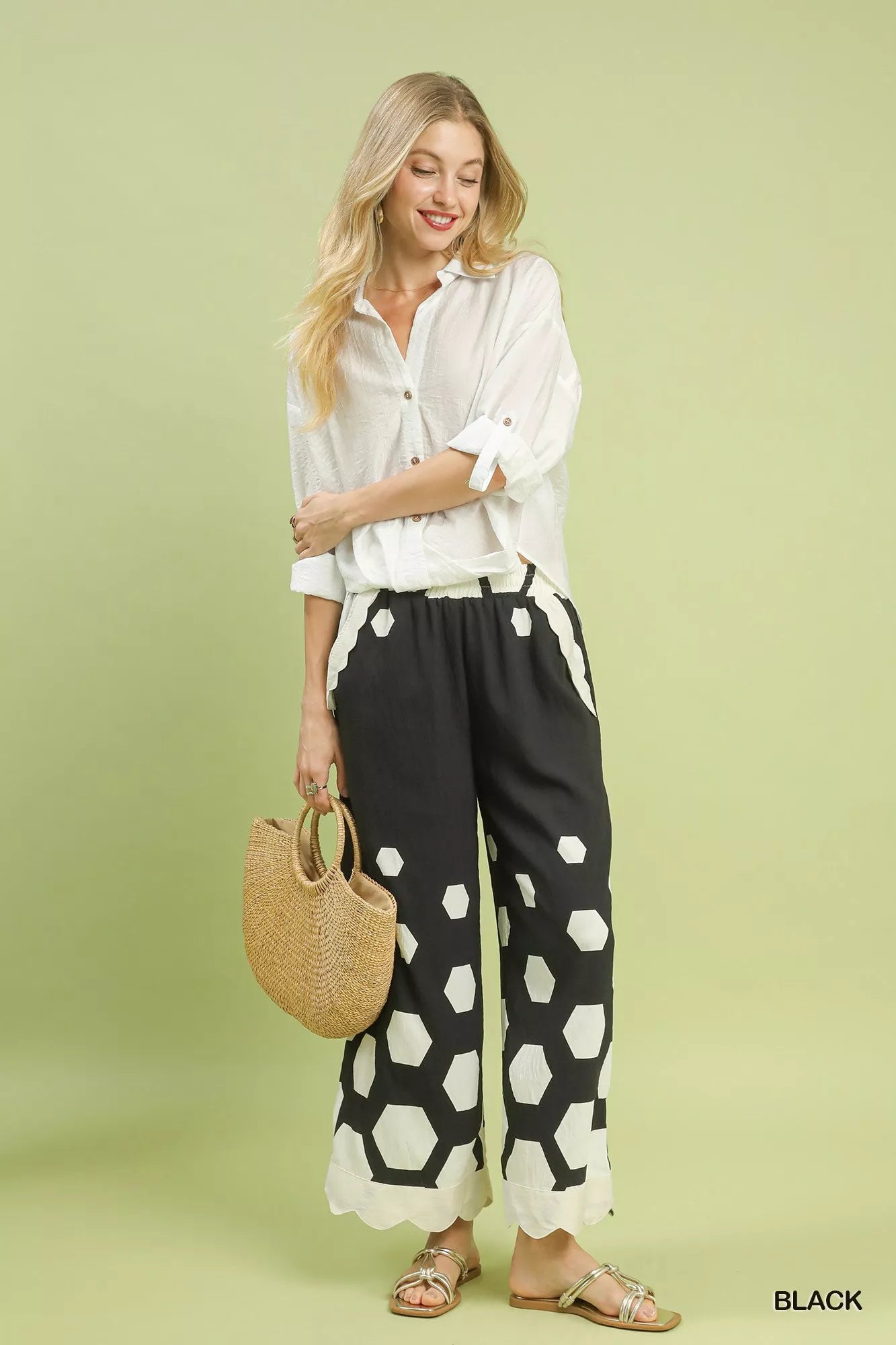 Hexagon Print Wide Leg Pants with Scalloped Hem-Wide Leg Pants-Reef Love