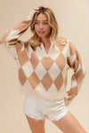 Shop Diamond Pattern Collared Notch Neck Sweater-Chic and cozy, the Diamond Pattern Collared Notch Neck Sweater, classic argyle design, soft knit fabric, timeless polo collar. Effortless everyday elegance.-Reef Love Boho-Chic Boutique