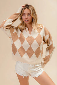 Shop Diamond Pattern Collared Notch Neck Sweater-Chic and cozy, the Diamond Pattern Collared Notch Neck Sweater, classic argyle design, soft knit fabric, timeless polo collar. Effortless everyday elegance.-Reef Love Boho-Chic Boutique