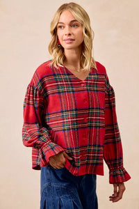 Christmas Plaid V-Neck Flounce Sleeve Jacket