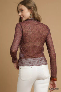 Burgundy Nylon Lace Mesh Long Sleeve Top