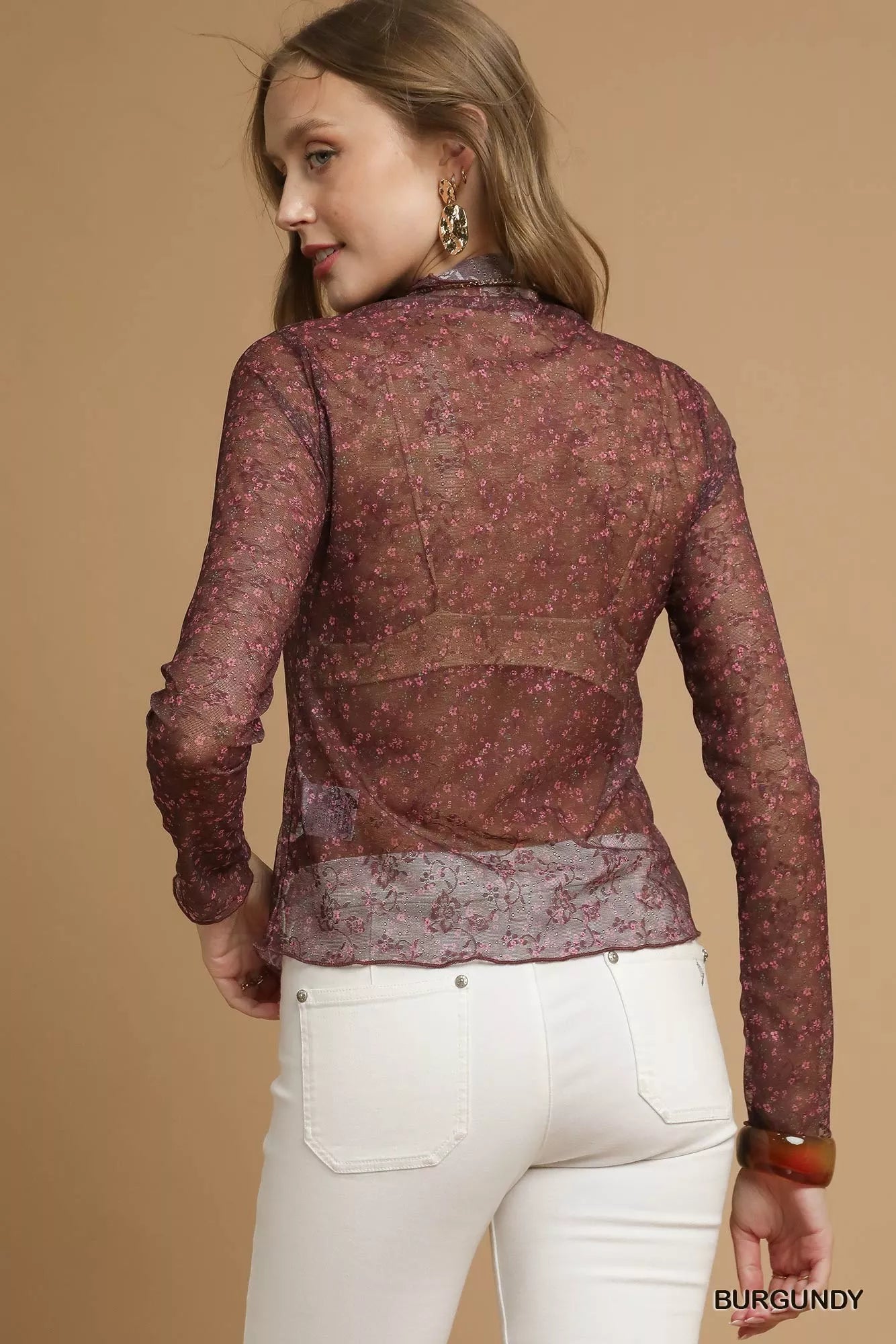 Burgundy Nylon Lace Mesh Long Sleeve Top