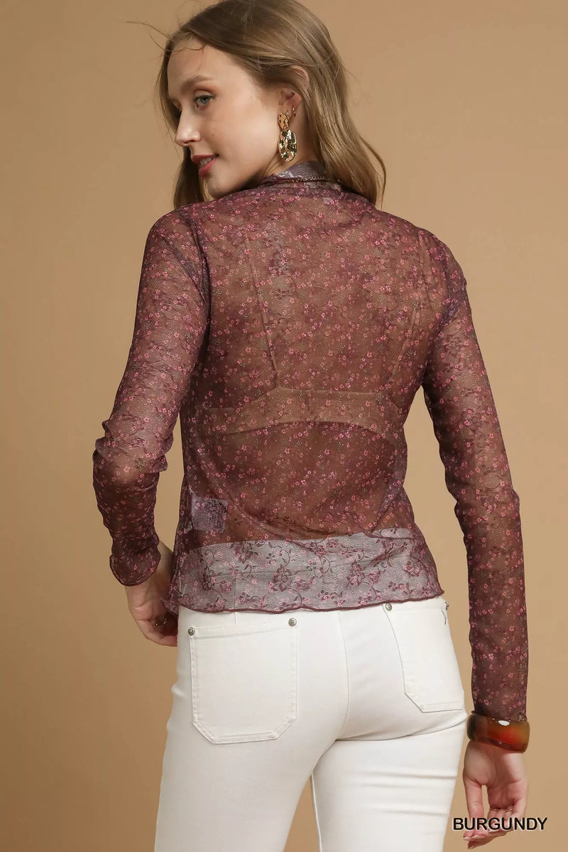 Burgundy Nylon Lace Mesh Long Sleeve Top
