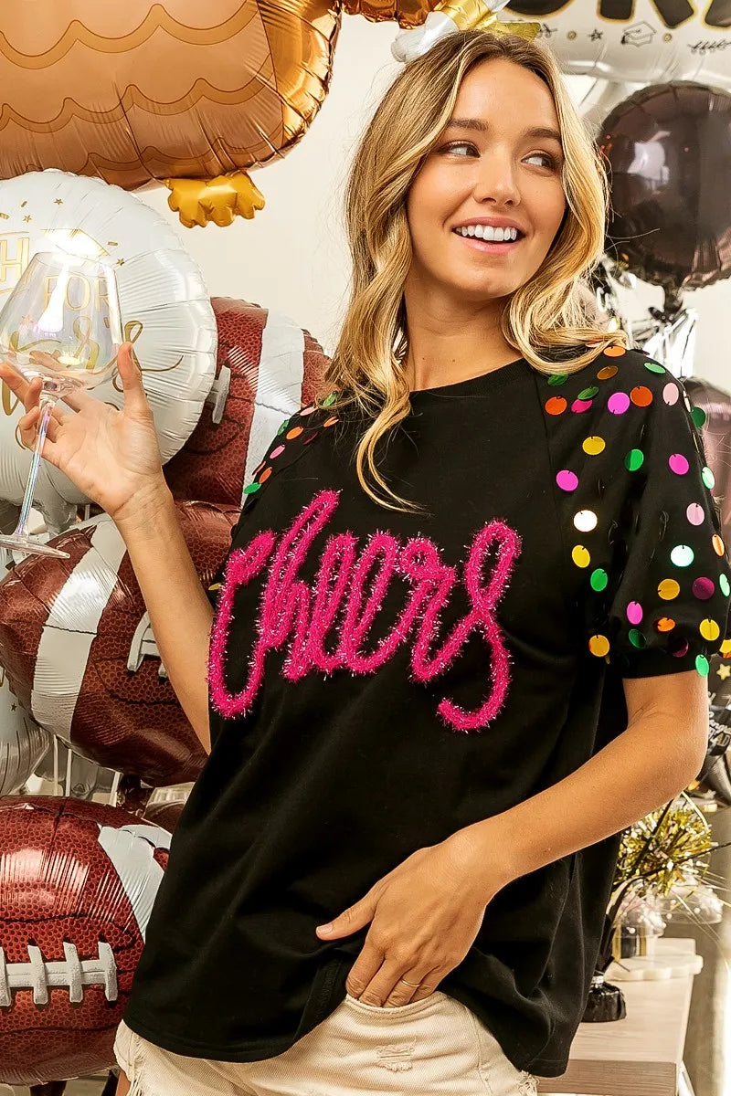 Shop BiBi Metallic Letter Spangle Raglan Puff Sleeve Top-available at Reef Love online boho-chic boutique