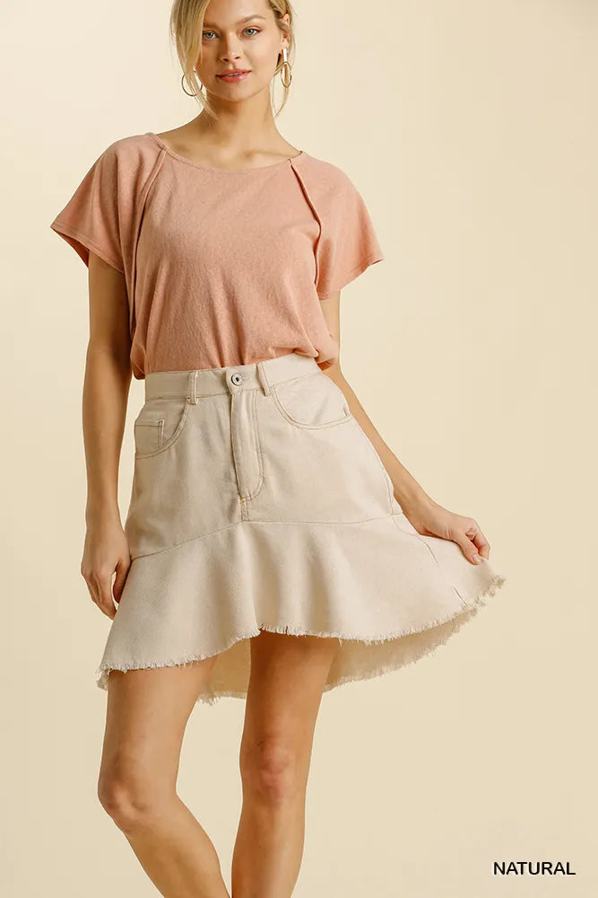 Linen Blend High Low Skirt with Frayed Hem