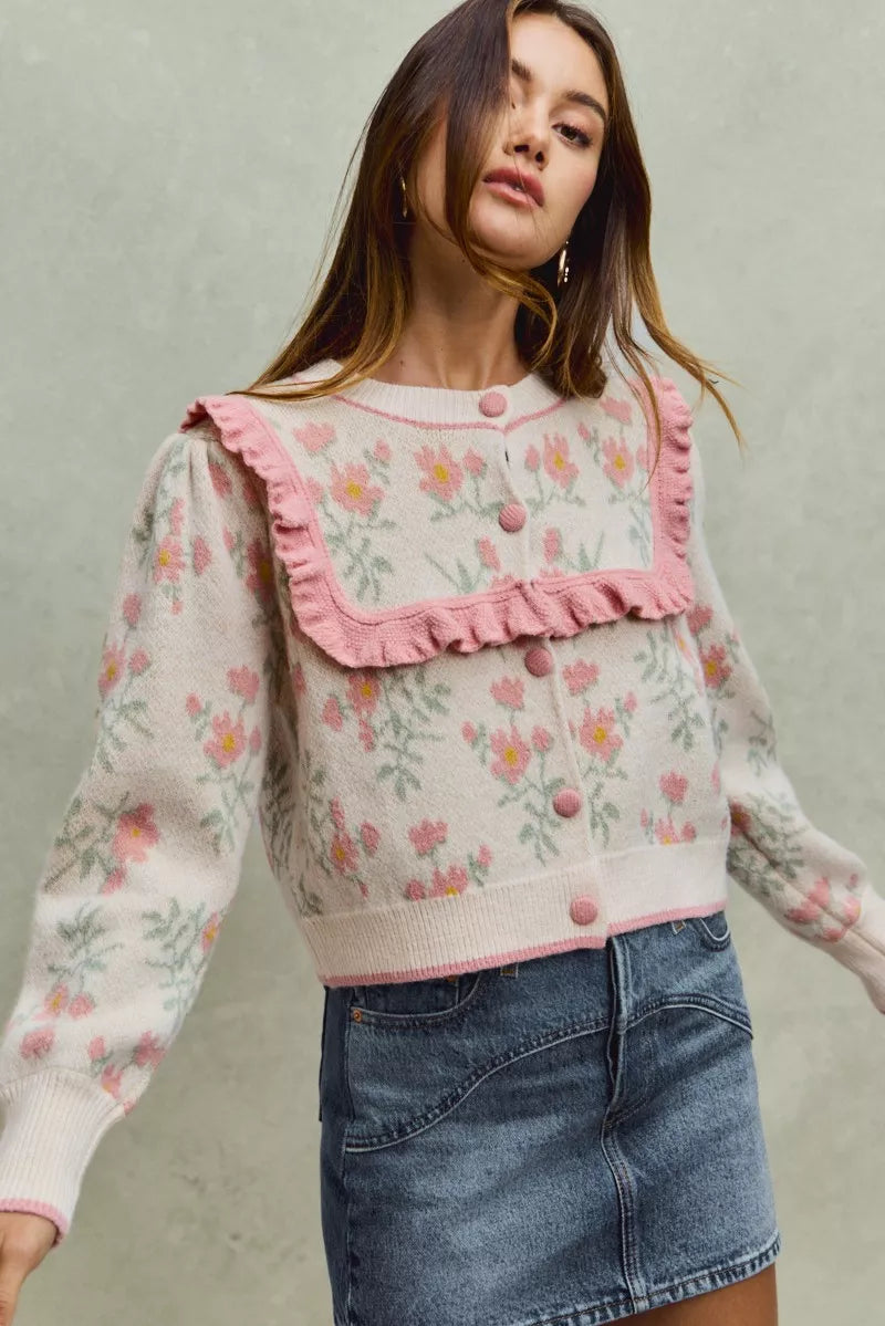 Flower With Ruffle Detailing Sweater Cardigan-So Me-Reef Love