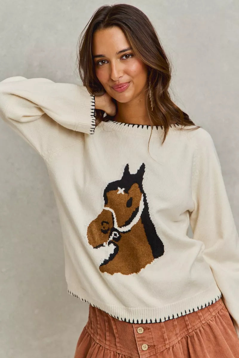 Horse Knit Sweater Top with Blanket Stitch-Sweater-Reef Love
