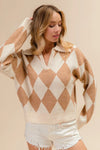 Shop Diamond Pattern Collared Notch Neck Sweater-Chic and cozy, the Diamond Pattern Collared Notch Neck Sweater, classic argyle design, soft knit fabric, timeless polo collar. Effortless everyday elegance.-Reef Love Boho-Chic Boutique