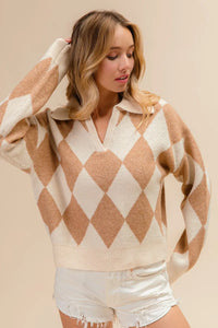Shop Diamond Pattern Collared Notch Neck Sweater-Chic and cozy, the Diamond Pattern Collared Notch Neck Sweater, classic argyle design, soft knit fabric, timeless polo collar. Effortless everyday elegance.-Reef Love Boho-Chic Boutique