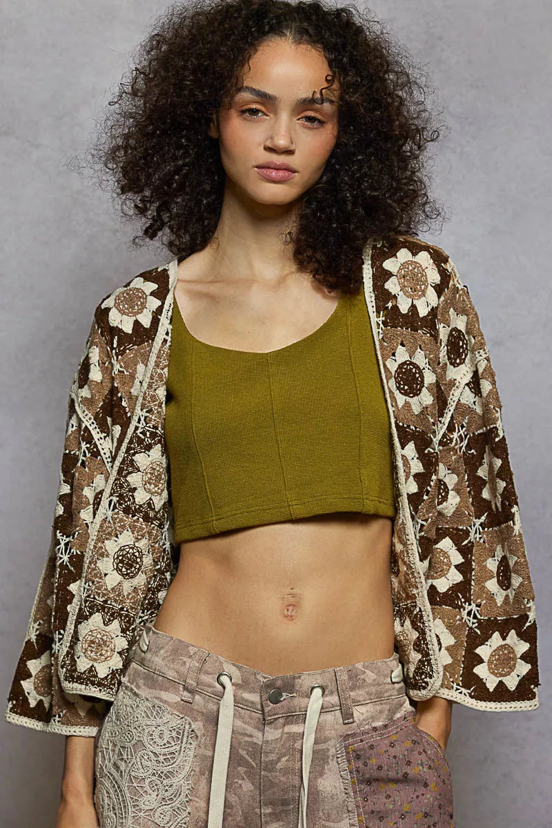 POL Open Front Cardigan with Varied Crochet Patterns-Crochet Cardigan-Reef Love