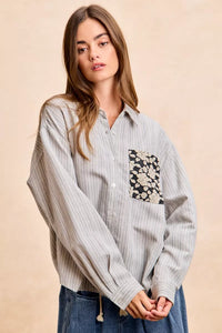 Flower Jacquard Knit Patch Pocket Stripe Shirt-BiBi-Reef Love