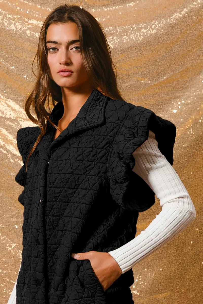 Quilting Knit Ruffle Sleeve Vest, Black