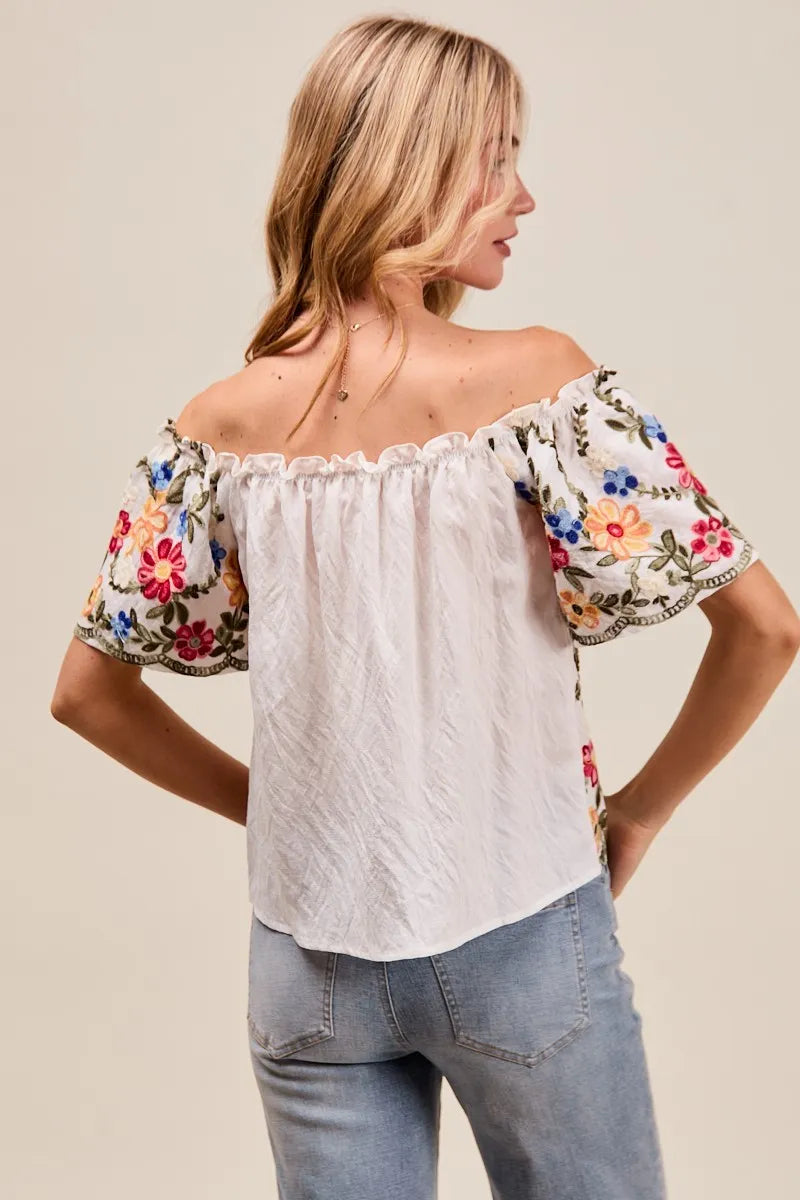 Floral Embroidered On Or Off The Shoulder Blouse-Floral embroidered blouse with on or off the shoulder styling. Feminine ruffles, colorful detailing, and soft rayon blend. A versatile wardrobe must-have.-Reef Love Boutique