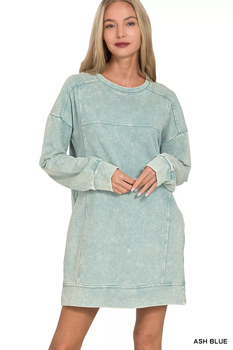 French Terry Ash Blue Acid Washed Mini Dress with Pockets-ZENANA-Reef Love