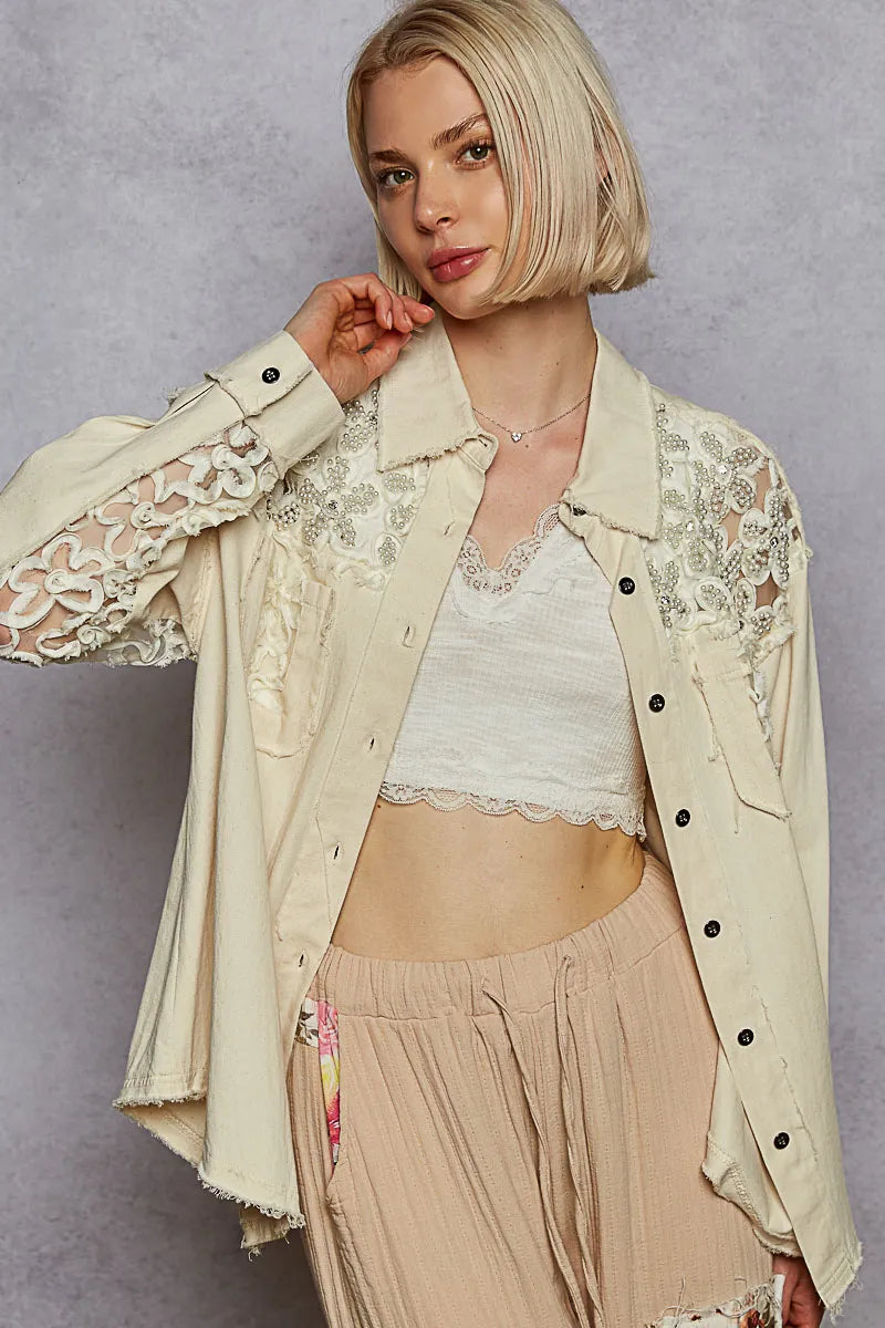 Shop POL Button Down Raw Edg Shirt with Pearl Lace Patch-available at Reef Love online boho-chic boutique