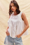 Game Day White Denim Ruched Sleeveless Top