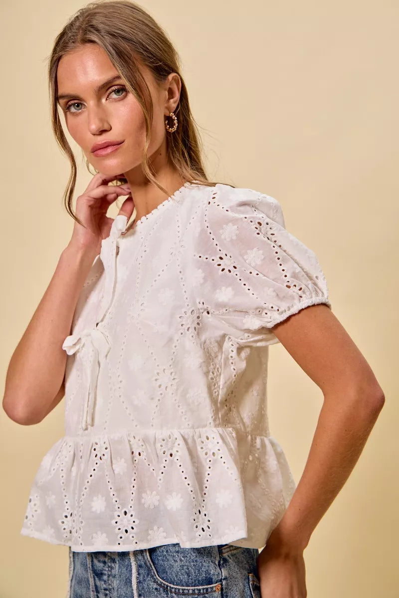 White Cotton Sunlit Eyelet Front-Tie Blouse-Reef Love