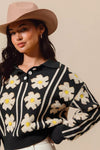 Floral Stripe Polo Collar Sweater, Black