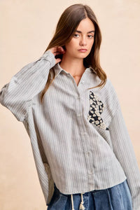 Flower Jacquard Knit Patch Pocket Stripe Shirt-BiBi-Reef Love