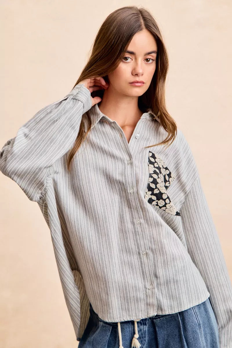 Flower Jacquard Knit Patch Pocket Stripe Shirt-BiBi-Reef Love