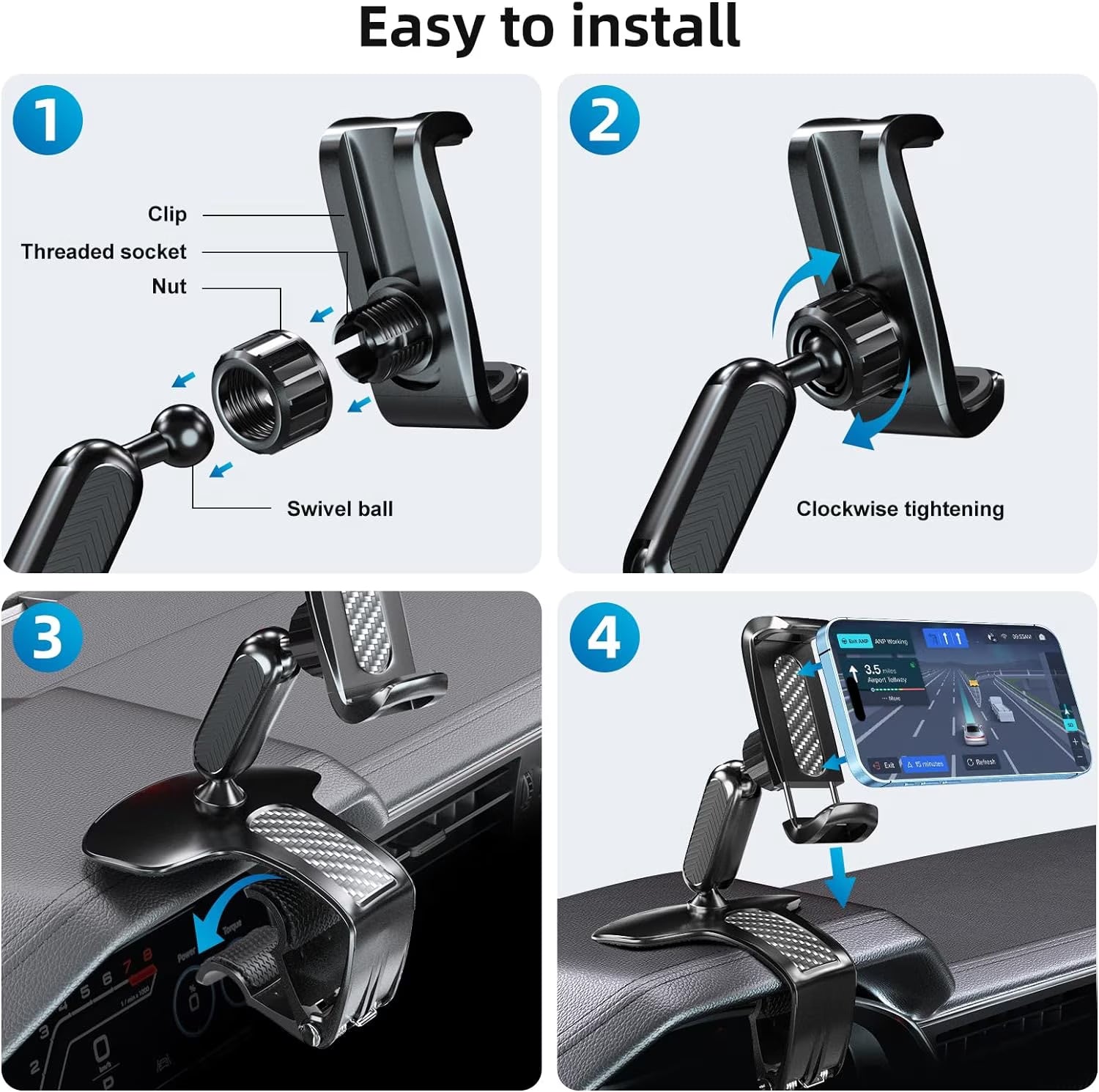 Universal 360 Dashboard Cell Phone Holder, Upgrade Clip Car Phone Holder Mount for Dashboard 360 Degree Rotation Dash Board Phone Mount Fit for Iphone,Samsung,Google,Nokia, 4 to 7" Smartphones