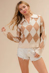 Shop Diamond Pattern Collared Notch Neck Sweater-Chic and cozy, the Diamond Pattern Collared Notch Neck Sweater, classic argyle design, soft knit fabric, timeless polo collar. Effortless everyday elegance.-Reef Love Boho-Chic Boutique