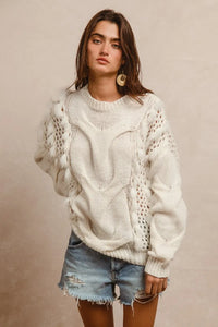Faux Fur Detailed Pointelle Cable Knit Sweater-Reef Love