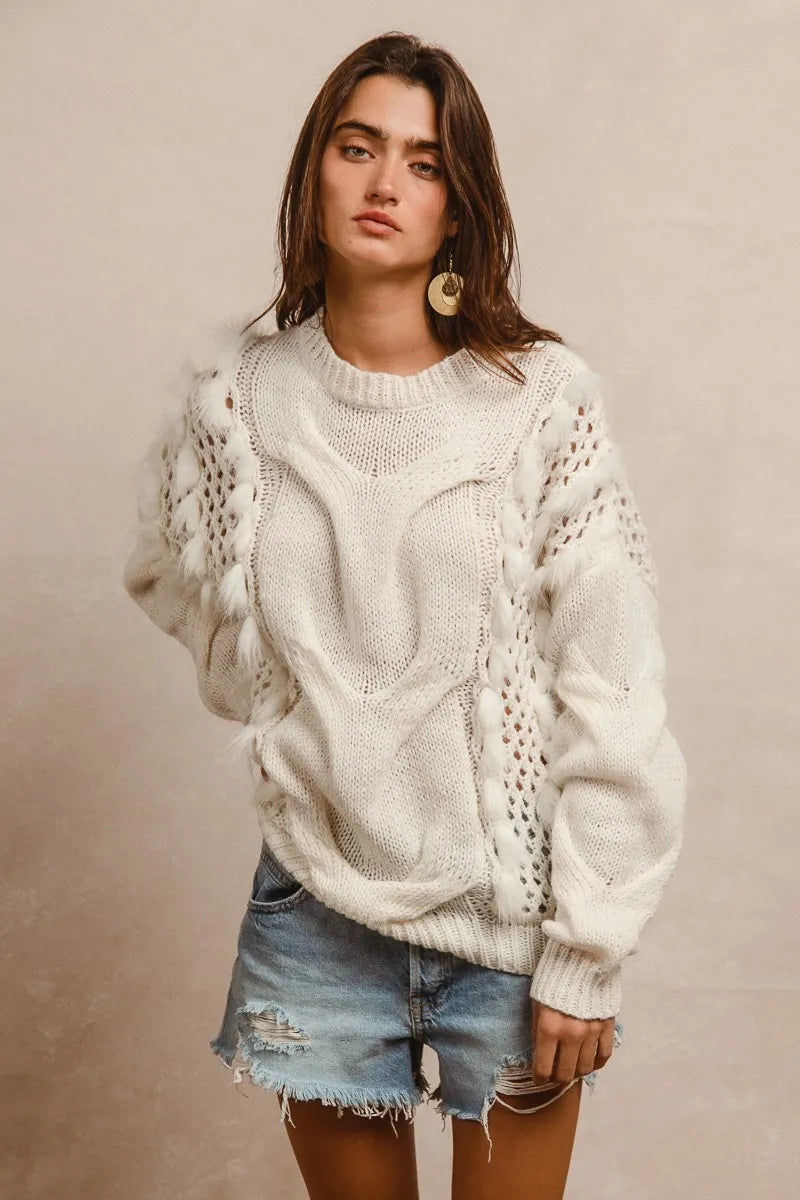 Faux Fur Detailed Pointelle Cable Knit Sweater-Reef Love
