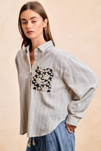 Flower Jacquard Knit Patch Pocket Stripe Shirt-BiBi-Reef Love