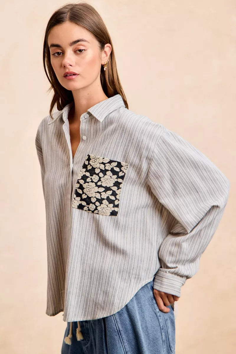Flower Jacquard Knit Patch Pocket Stripe Shirt-BiBi-Reef Love