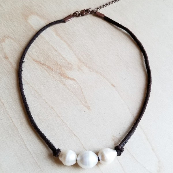 Triple Freshwater Pearl Brown Leather Choker Necklace-Chocker Necklace-Reef Love
