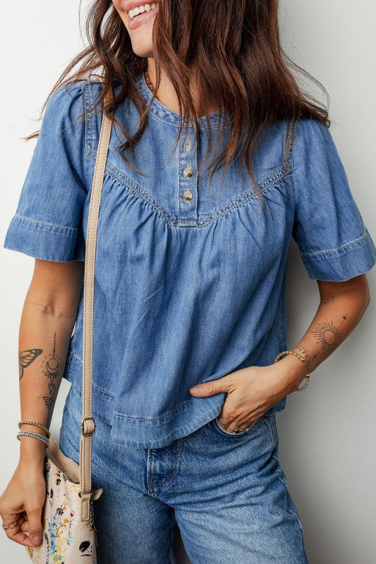 Denim Pleated Half Buttoned Short Sleeve Blouse-Blouse-Reef Love