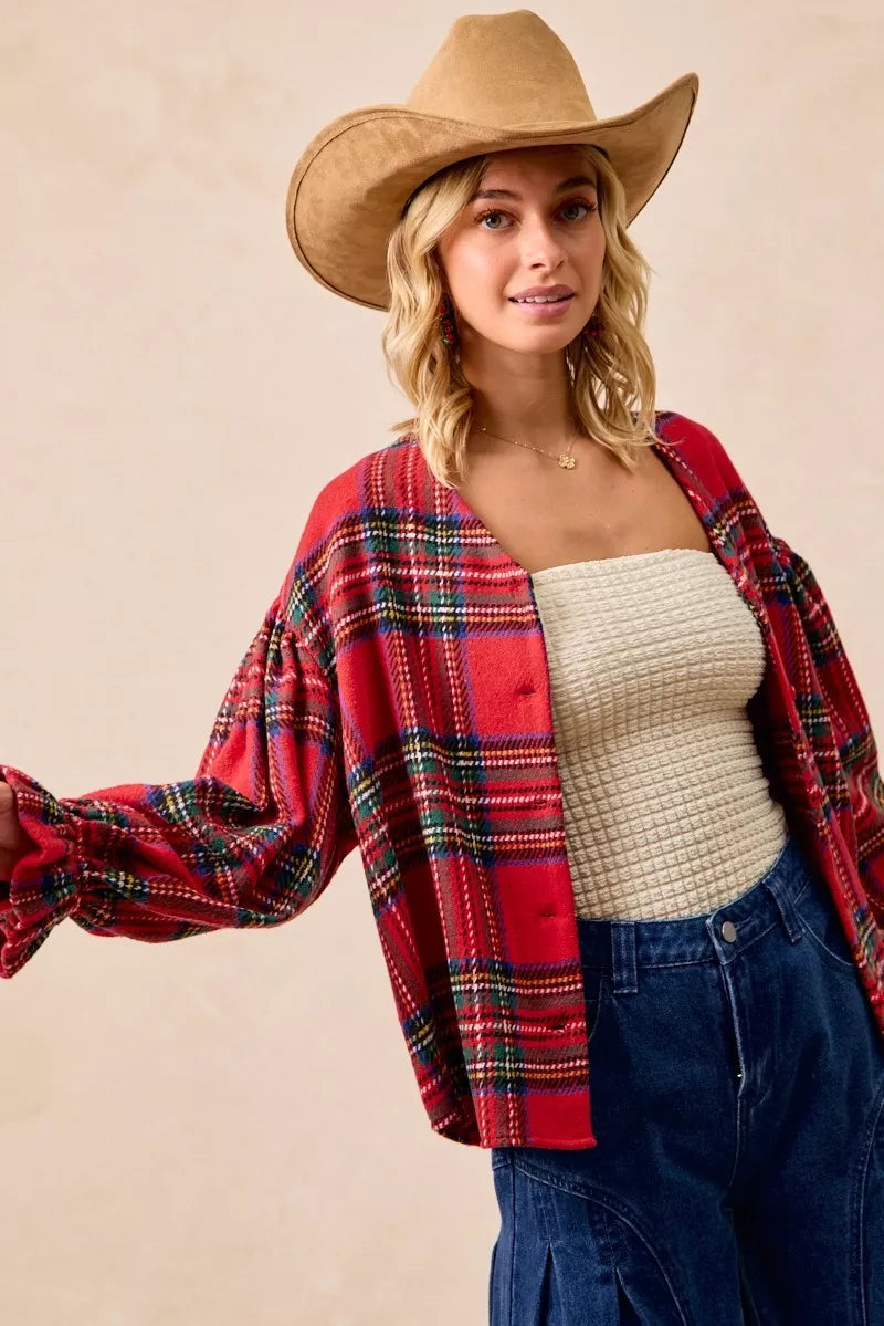 Christmas Plaid V-Neck Flounce Sleeve Jacket