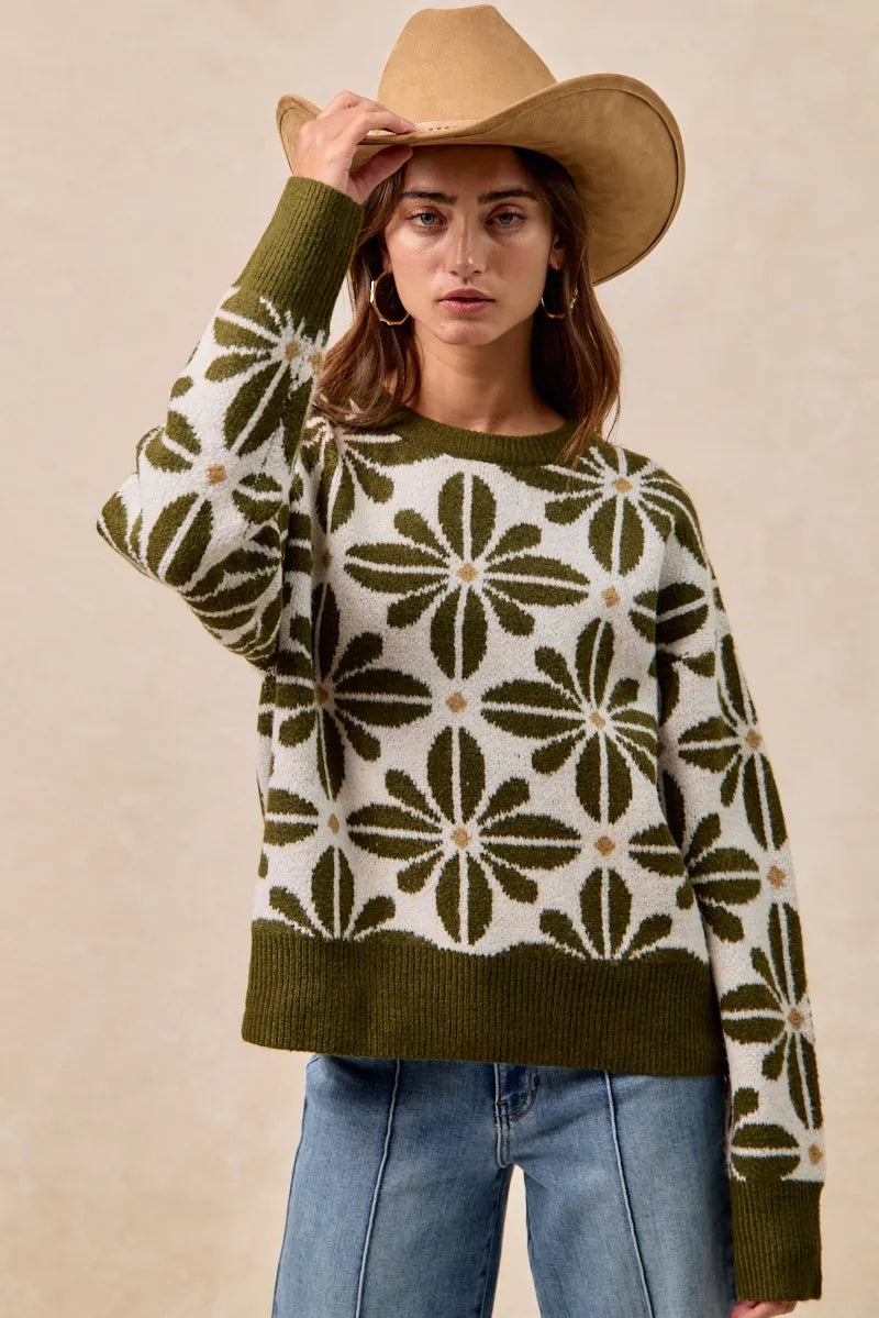BiBi Flower Pattern Long Sleeve Sweater-Reef Love Boutique