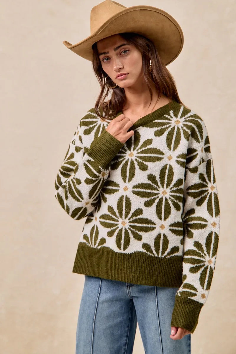 BiBi Flower Pattern Long Sleeve Sweater-Reef Love Boutique