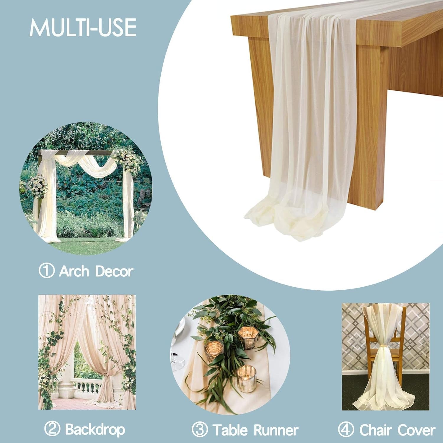 Lookein 10 Feet Champagne Chiffon Table Runner Sheer Wedding Table Cloth 29X120 Inches Rustic Wedding Decorations French Chiffon Table Runner