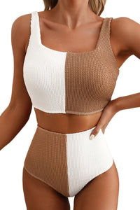 White and Tan Corded Colorblock Square Neck Bikini Swimsuit