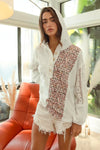 Woman wearing Slub Jersey with Lace Combo Buttoned Hoodie Top-This slub jersey with lace combo buttoned hoodie top blends casual comfort with feminine elegance through its lace detailing and buttoned hoodie design. 