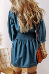 Vera 3/4 Sleeve Shirred High Waist Buttoned Mini Dress