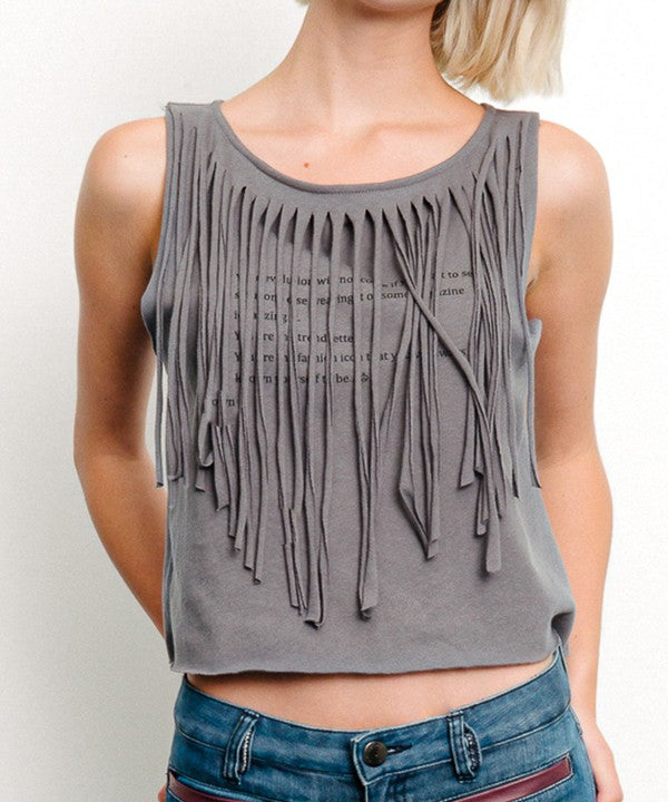 Recycled Cotton Fringe Graphic Tank-Fabina Fringe Graphic Crop Tee – Eco-Chic with an Edge Turn heads in this playful and sustainable crop tee by Fabina, crafted from a soft recycled cotton blend. -Reef Love Boutique
