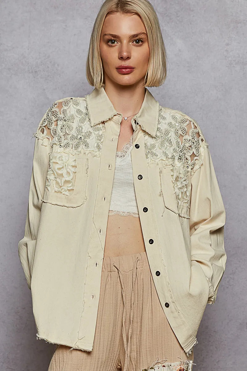 Shop POL Button Down Raw Edg Shirt with Pearl Lace Patch-available at Reef Love online boho-chic boutique