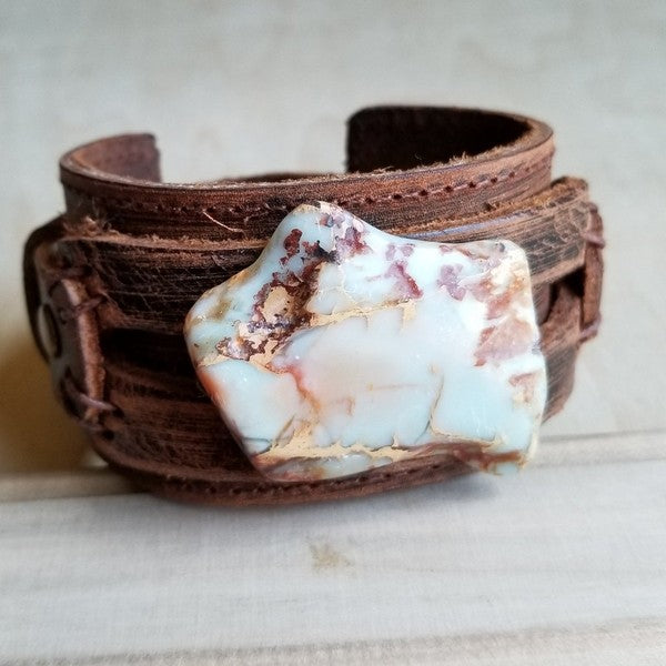 Aqua Terra Slab on Dusty Leather Cuff Bracelet-The Jewelry Junkie-Reef Love