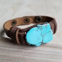 Blue Turquoise Slab on Narrow Leather Cuff Bracelet-The Jewelry Junkie-Reef Love
