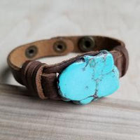 Blue Turquoise Slab on Narrow Leather Cuff Bracelet-The Jewelry Junkie-Reef Love