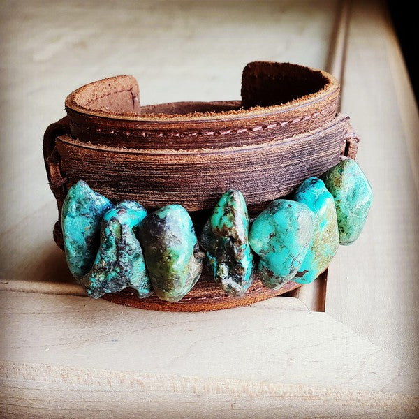 Leather Cuff Bracelet with Large Natural Turquoise Chunks-The Jewelry Junkie-Reef Love